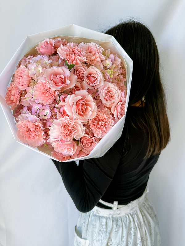 beautiful hydrangeas, spray roses and carnations
