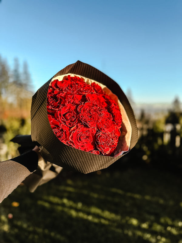 bouquet de red roses bathed by the golden hour sunlight